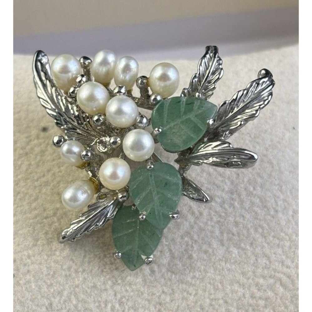 Vintage Genuine Fresh Water Pearl Berry Ice Geen Jade Leaves Silver Tone Brooch